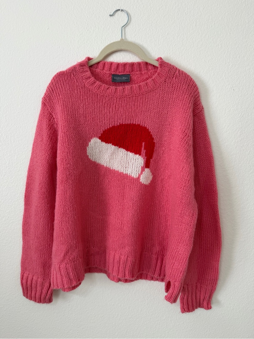 Wooden Ships Sweater Women’s S/M Pink Christmas Santa Holiday Mohair Wool